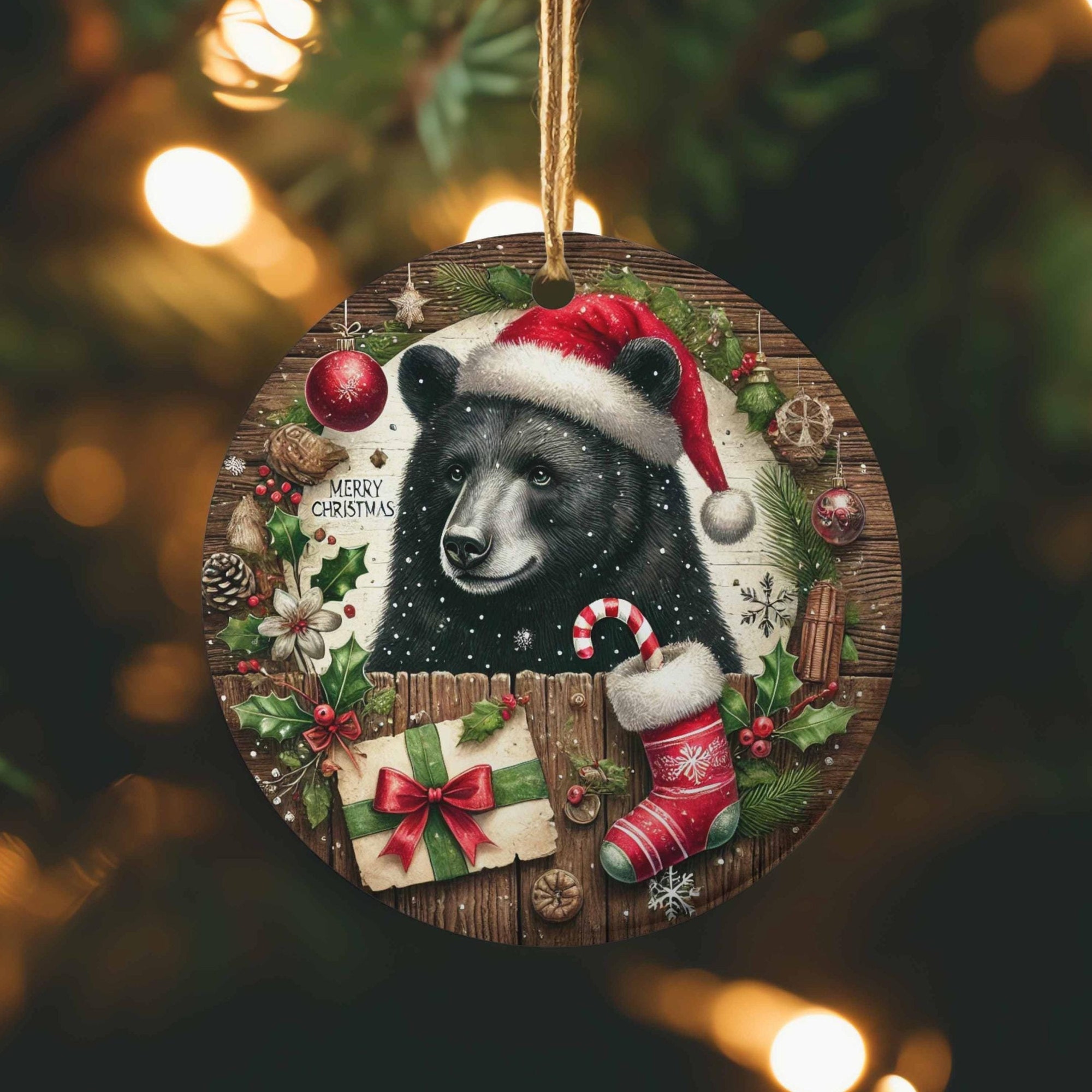 Black Bear with Santa Hat Merry Christmas Ornament