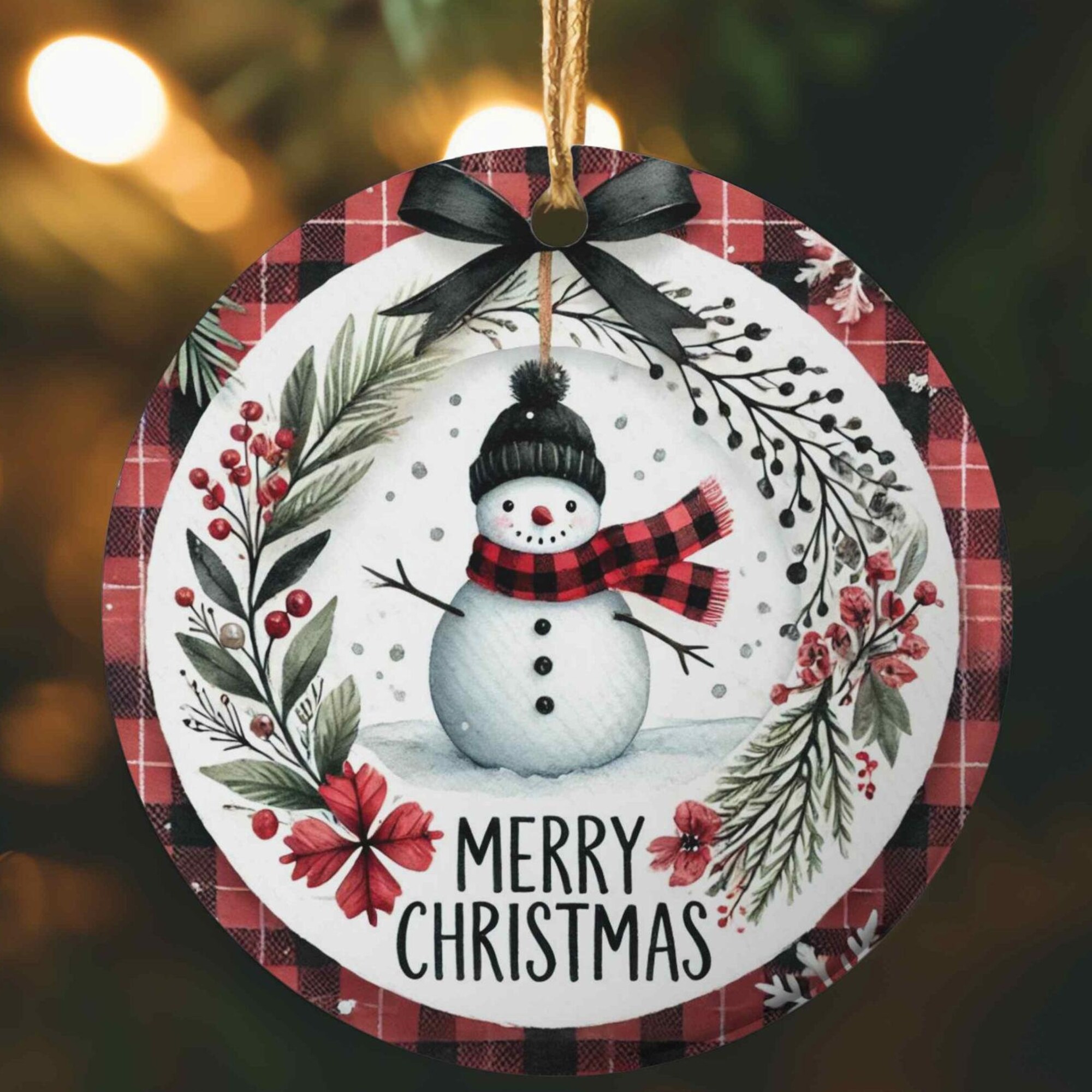 Buffalo Plaid Snowman Wreath Christmas Ornament-1