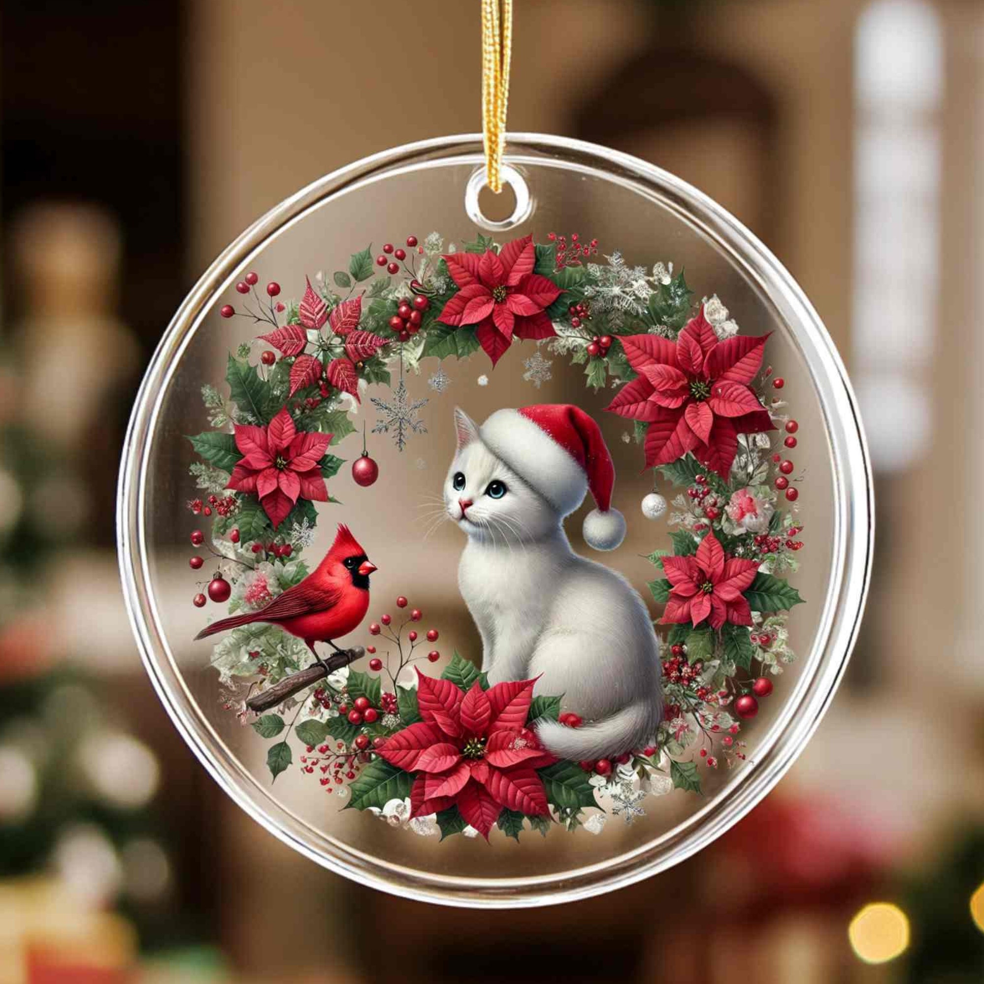 Cat with Christmas Flower Wreath Ornament