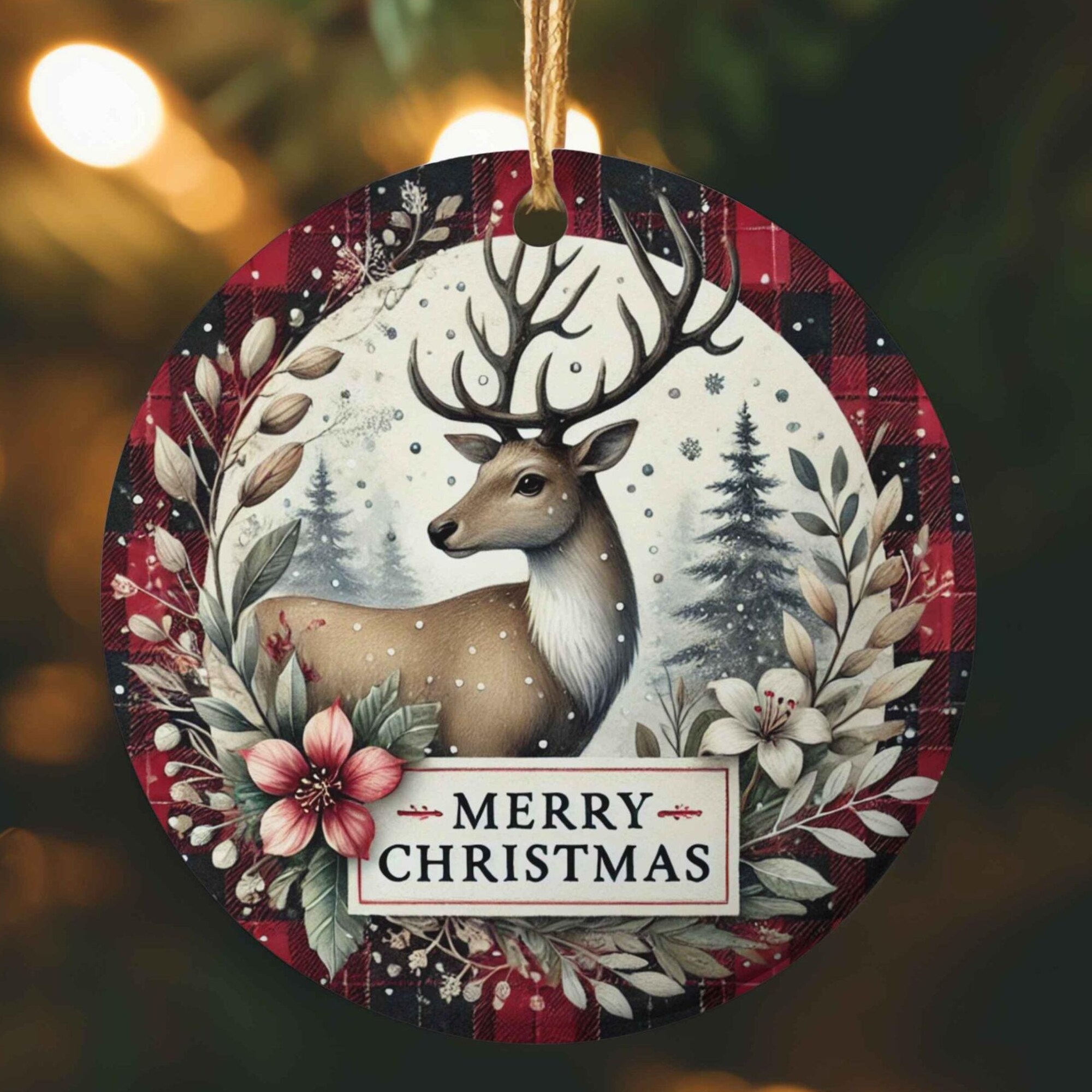 Deer in Buffalo Plaid Frame with Flowers Christmas Ornament