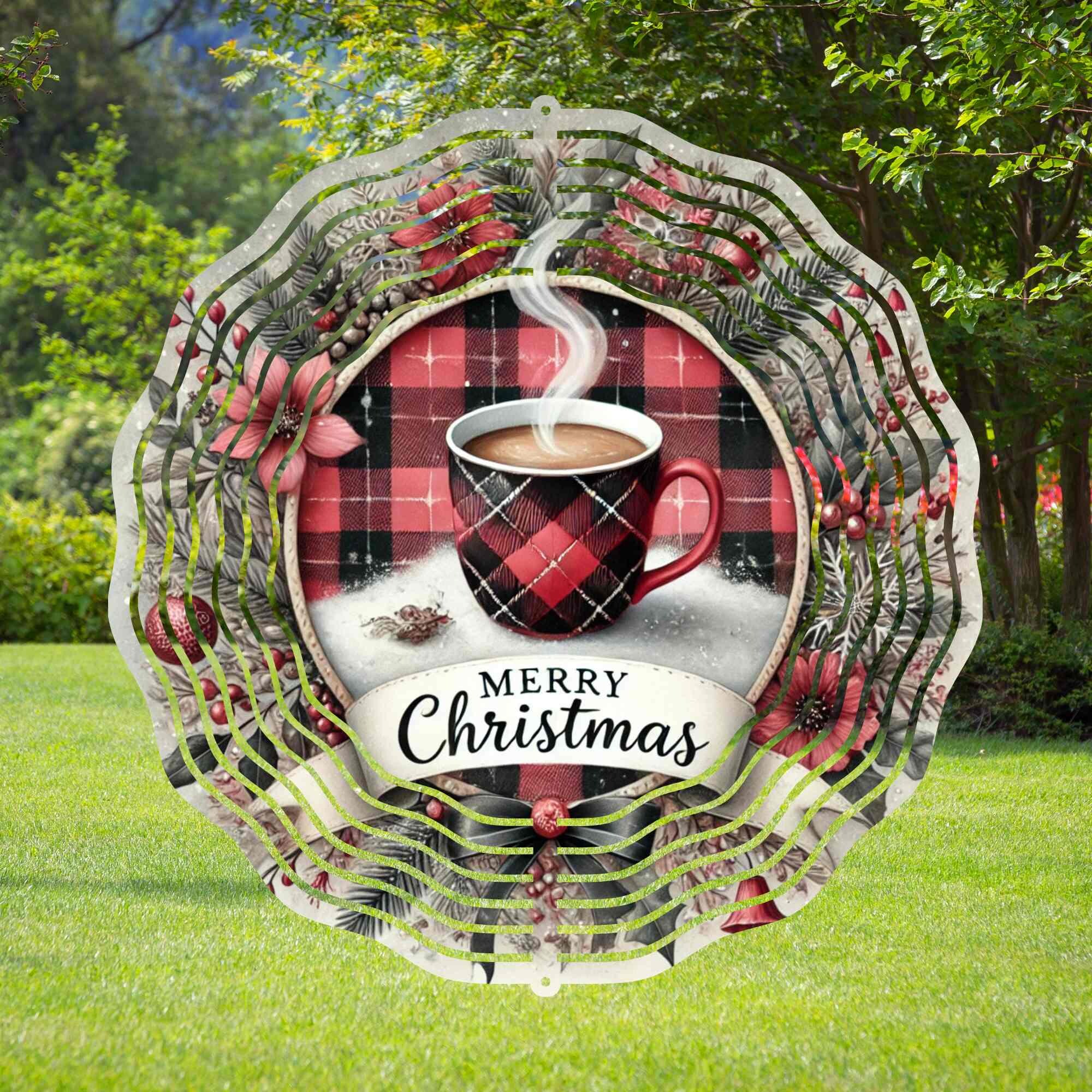 Plaid Merry Christmas Hot Coffee Cup Wind Spinner-1