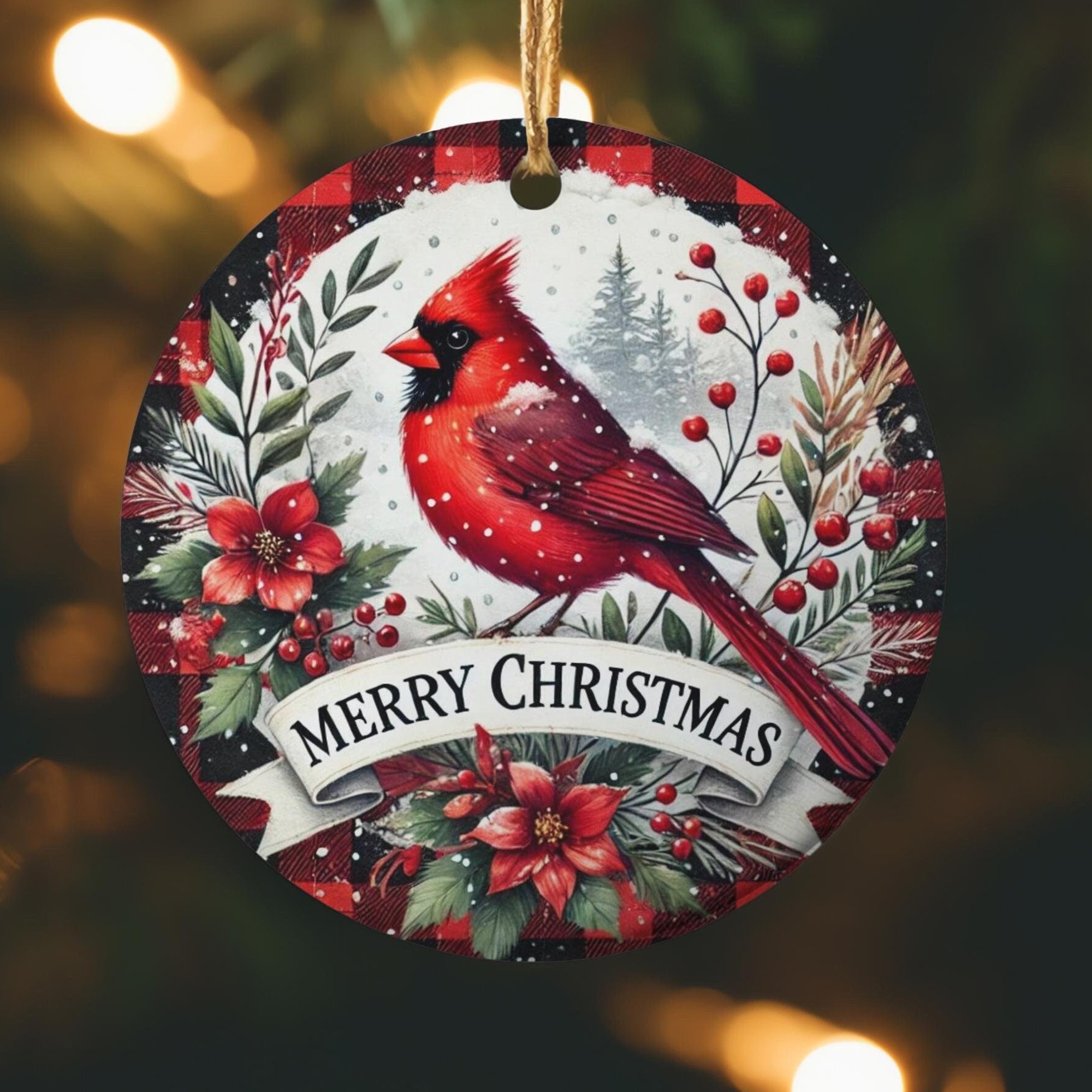 Red Cardinal in Snow Merry Christmas Round Ornament