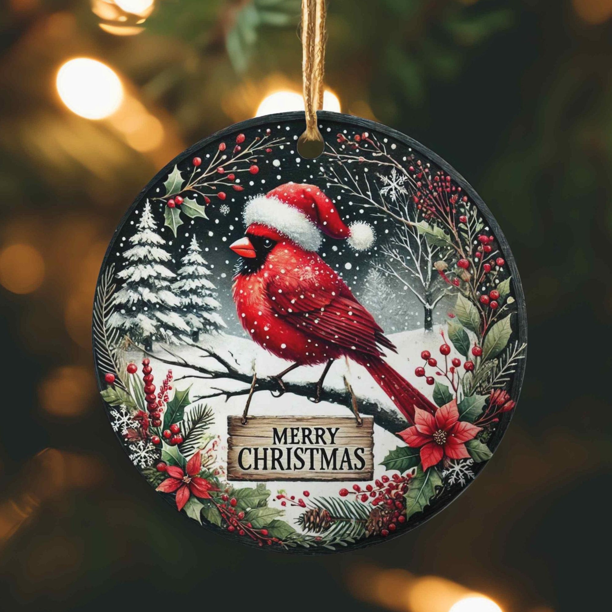 Red Cardinal with Christmas Hat Round Ornament