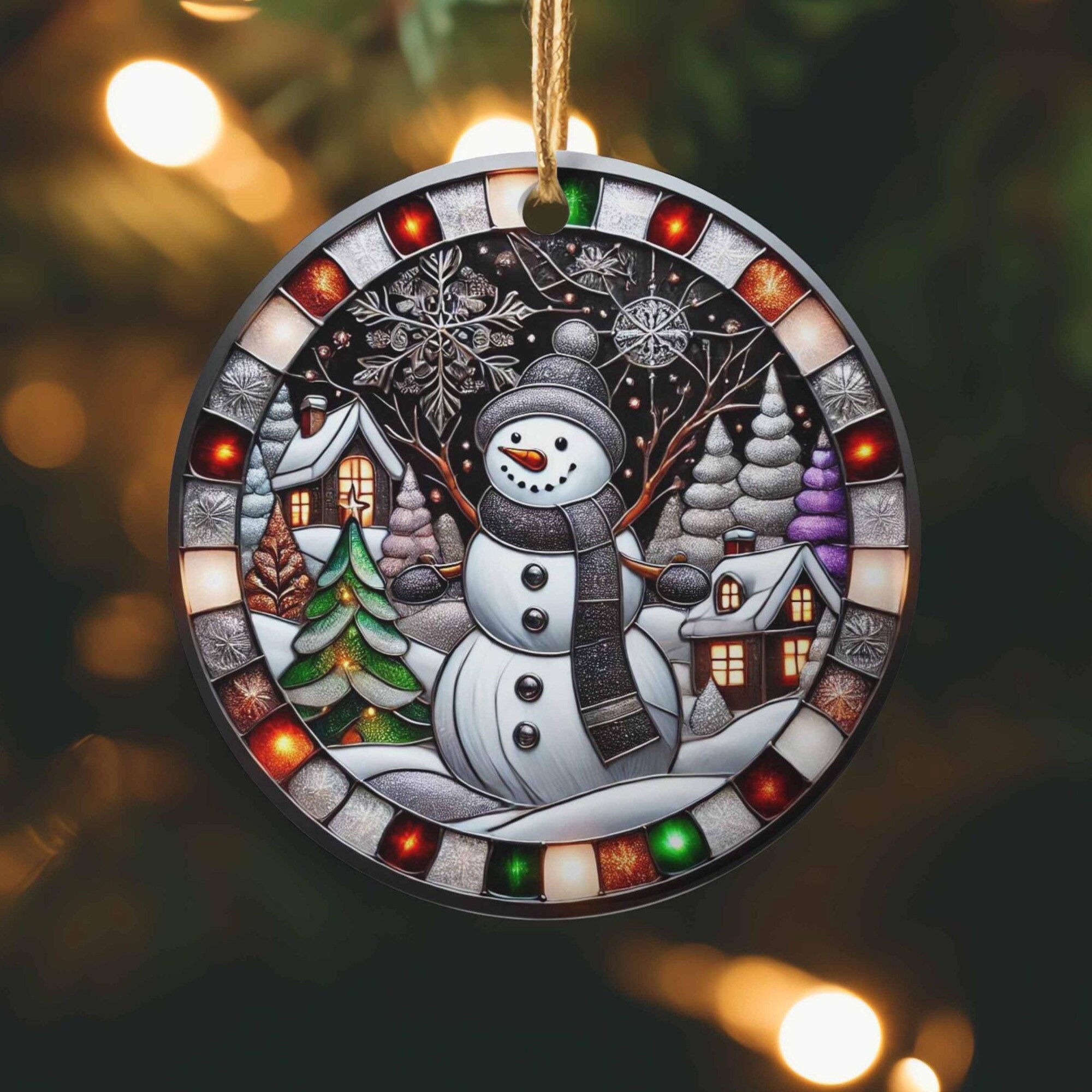 Stained Glass Frame Snowman Merry Christmas Ornament