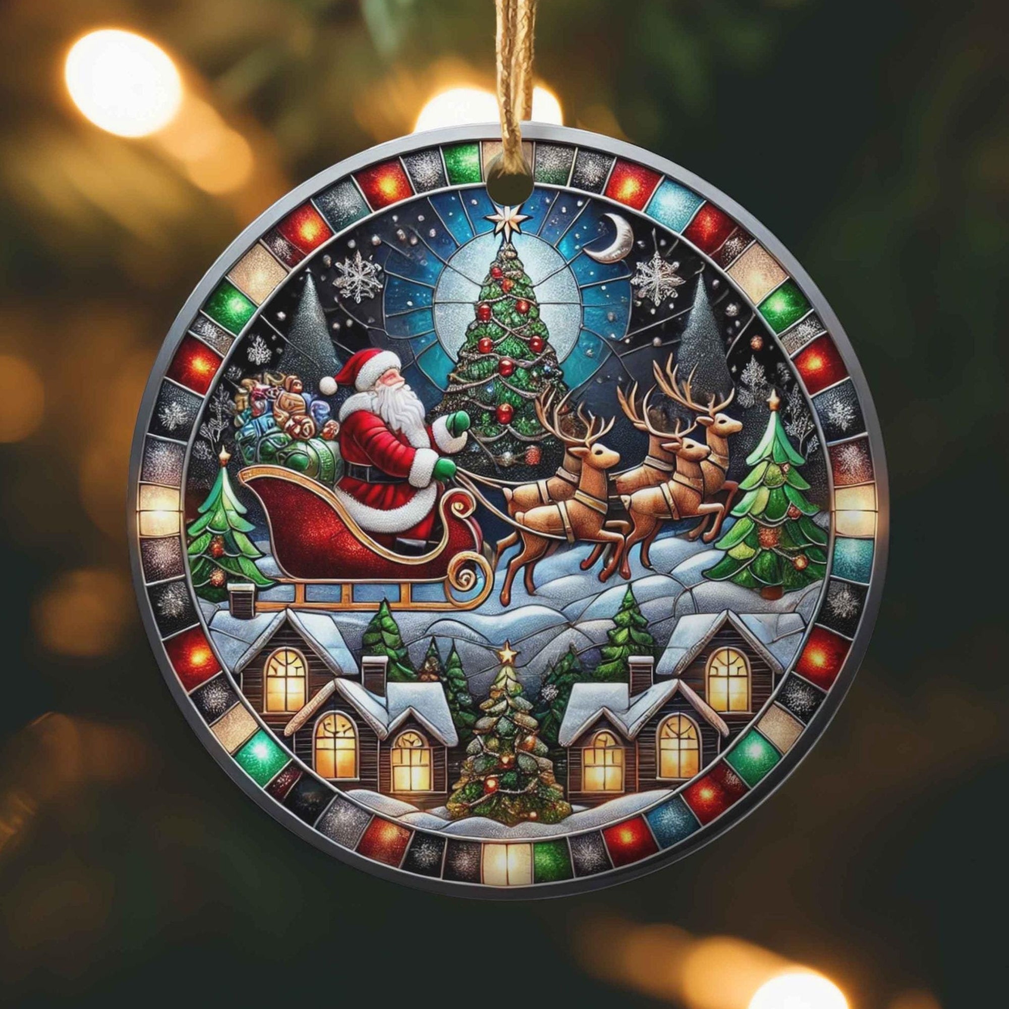 Stained Glass Santa Claus with Reindeer Christmas Ornament