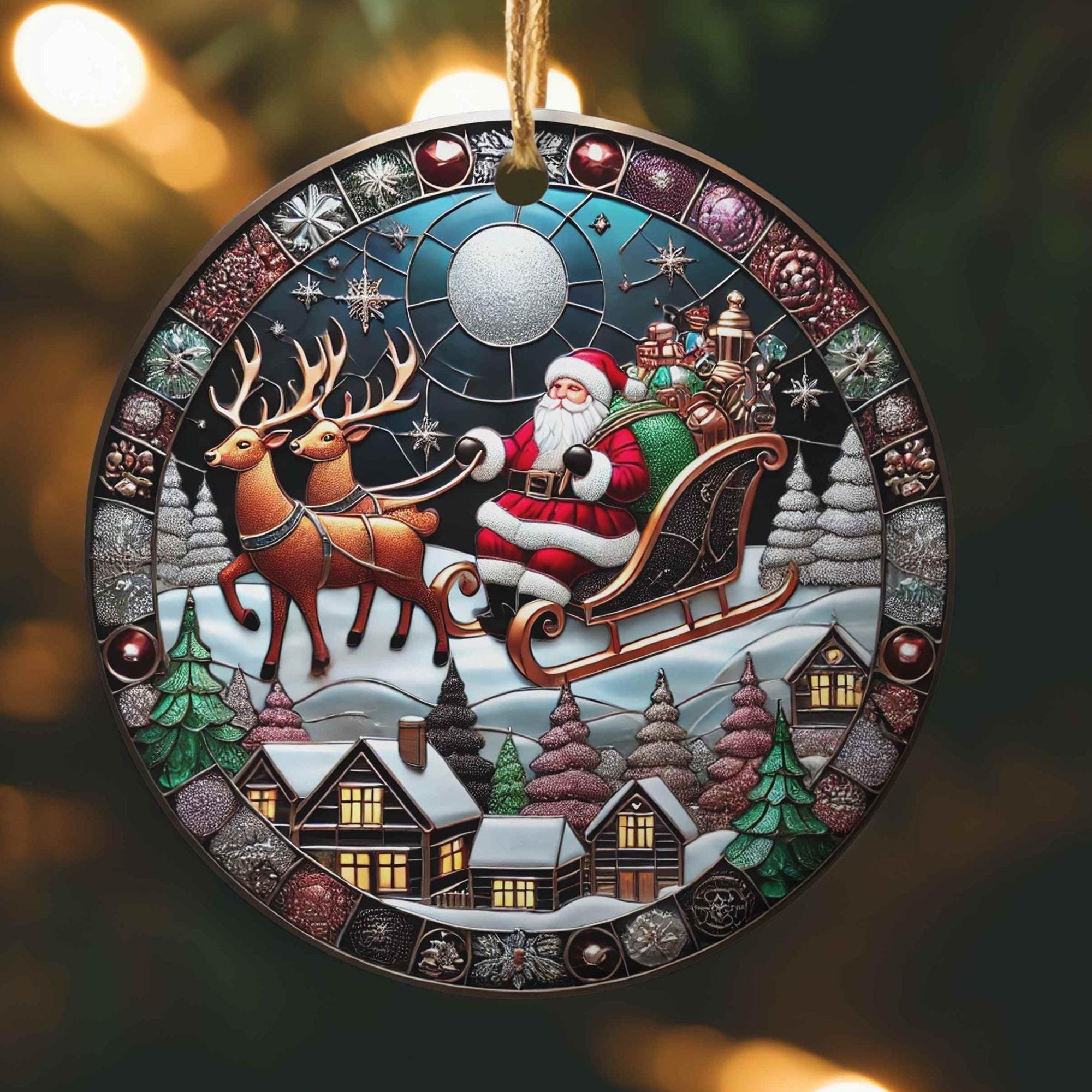Stained Glass Santa's Reindeer Christmas Ornament