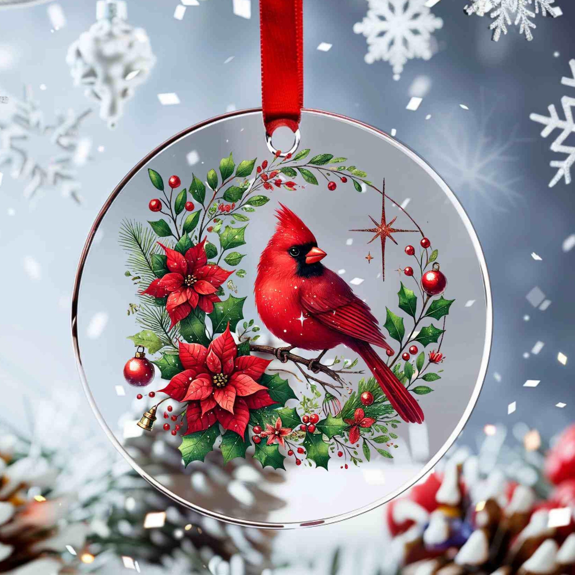 Transparent Red Cardinal in Snow Christmas Ornament