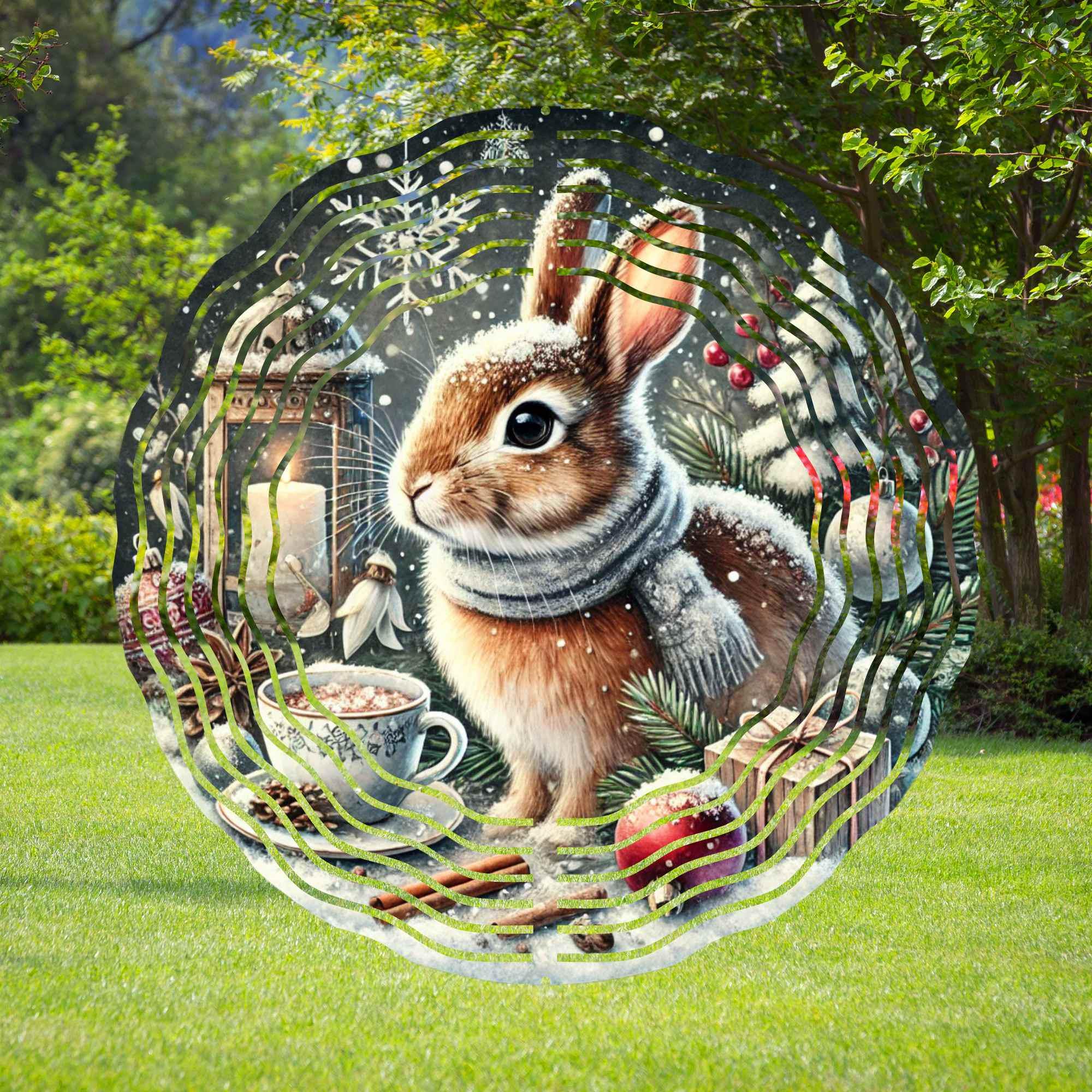 Vintage Winter Rabbit with Coffee Christmas Wind Spinner