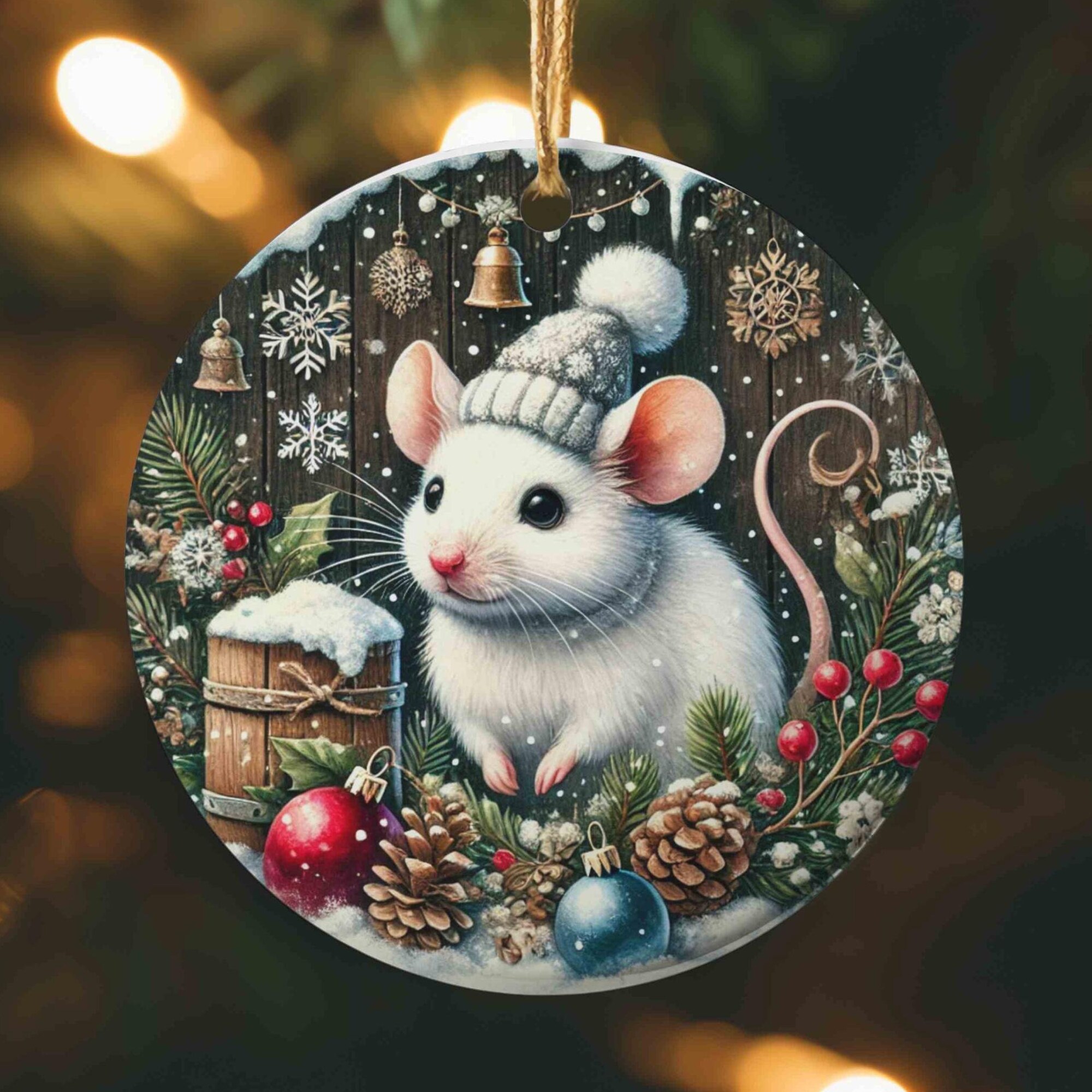 White Mouse with Christmas Themed Round Ornament