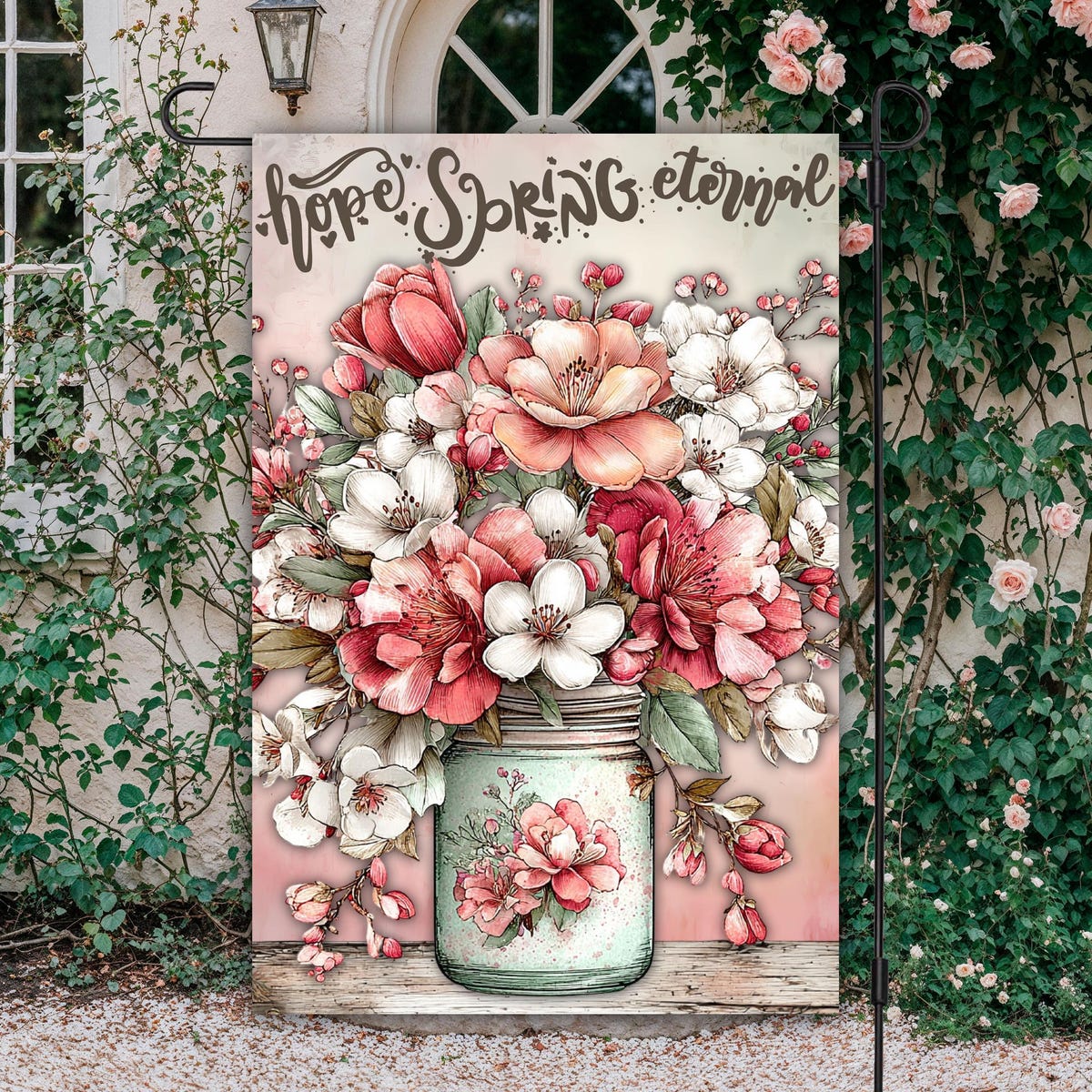 Spring Floral Jar Garden Flag - Pretty Outdoor Seasonal Yard Decoration Sign