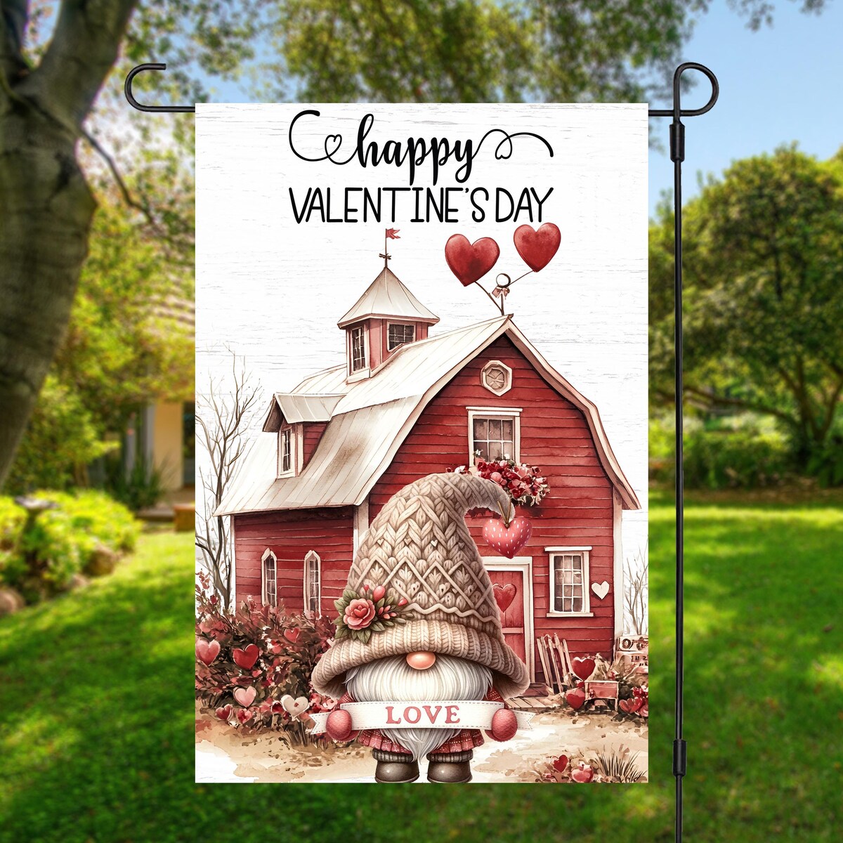 Valentine's Day Gnome Garden Flag - Love Heart Outdoor Holiday Yard Decoration